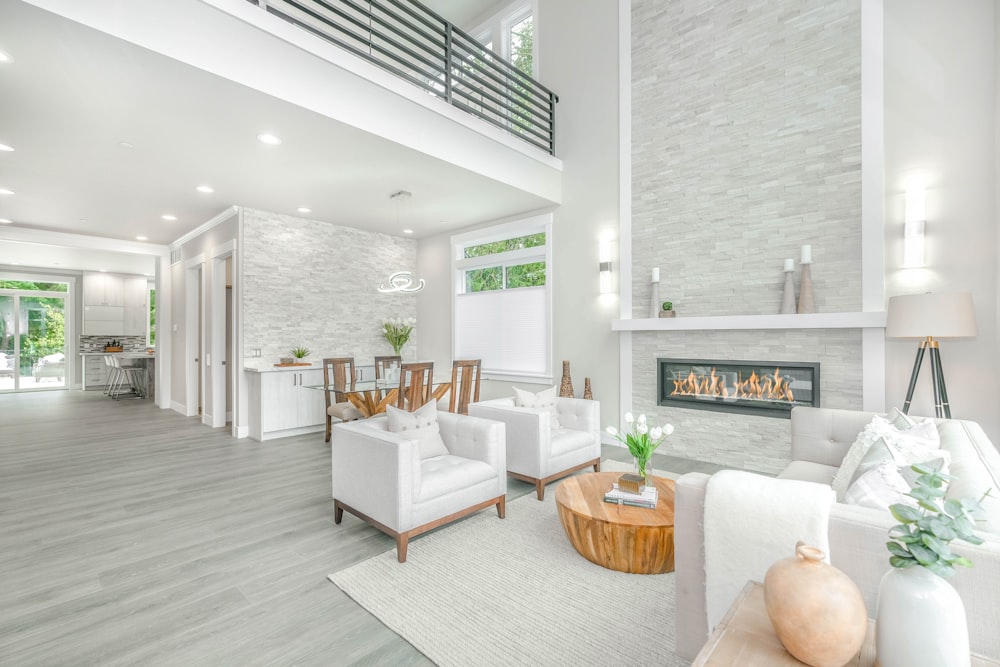 Bright open living room with fireplace