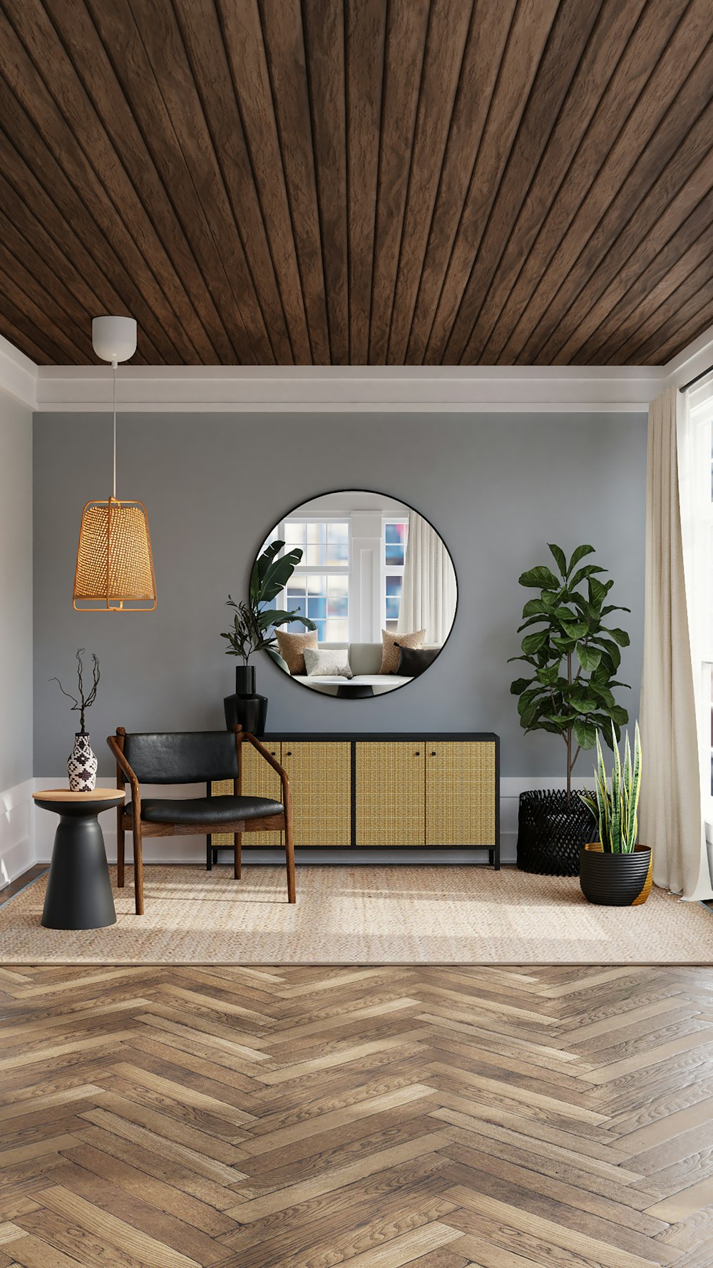 Living room with herringbone pattern flooring